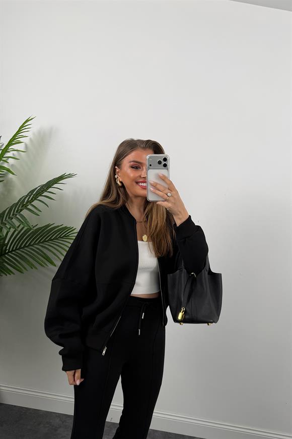 3 İplik Şardonlu Bomber Ceket İspanyol Pantolon Takım Siyah