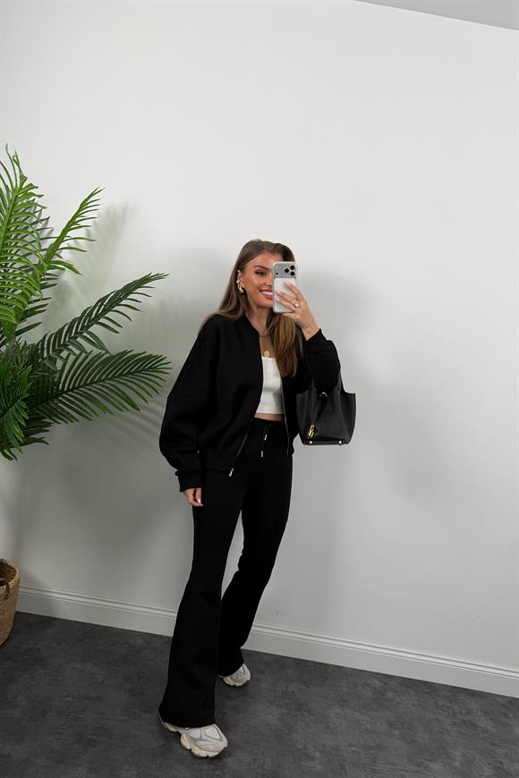 3 İplik Şardonlu Bomber Ceket İspanyol Pantolon Takım Siyah