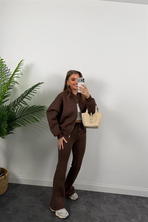 3 İplik Şardonlu Bomber Ceket İspanyol Pantolon Takım Acı Kahve