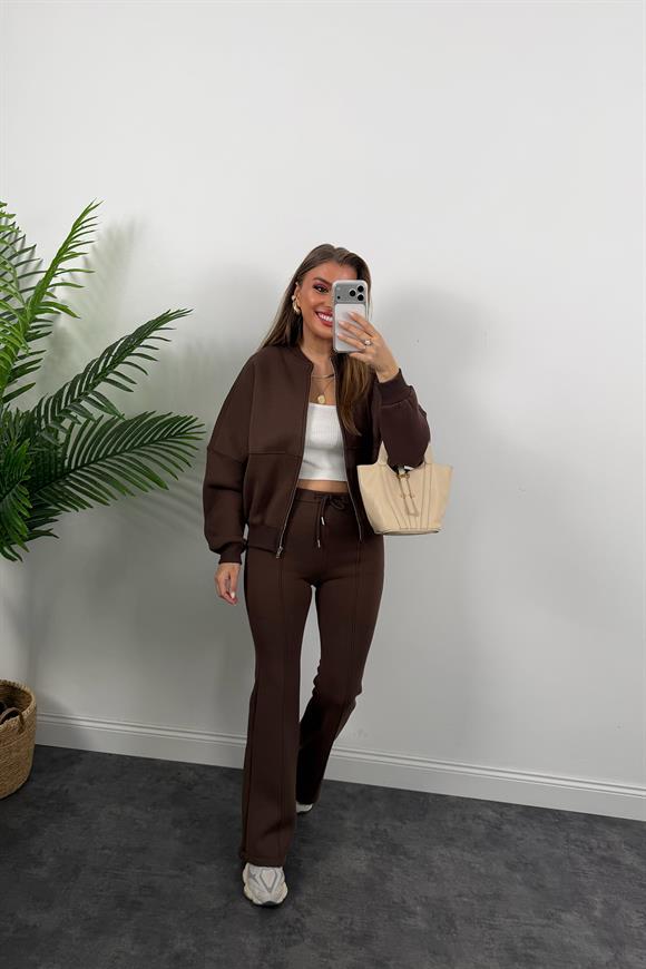 3 İplik Şardonlu Bomber Ceket İspanyol Pantolon Takım Acı Kahve