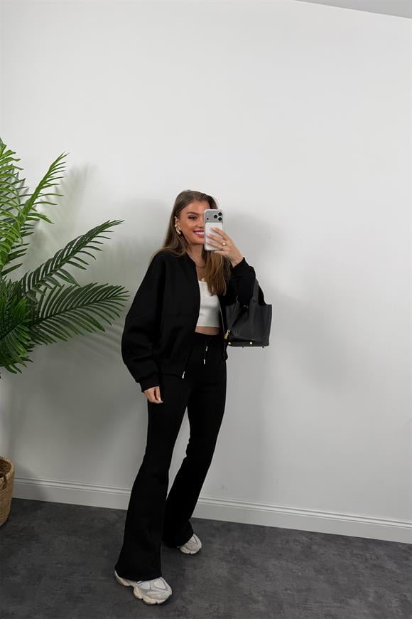 3 İplik Şardonlu Bomber Ceket İspanyol Pantolon Takım Siyah