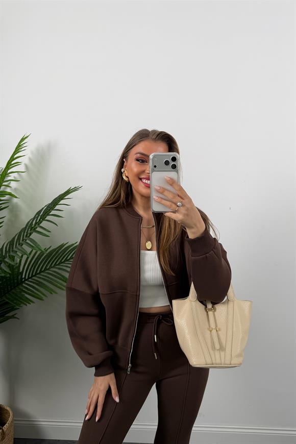 3 İplik Şardonlu Bomber Ceket İspanyol Pantolon Takım Acı Kahve
