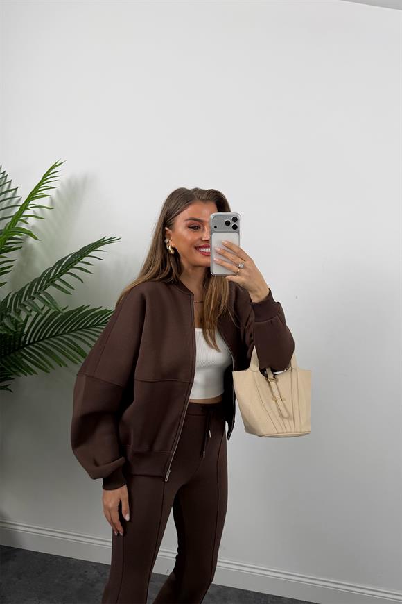 3 İplik Şardonlu Bomber Ceket İspanyol Pantolon Takım Acı Kahve