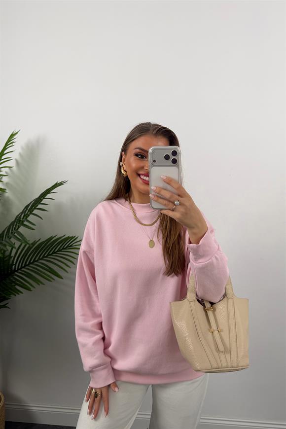 3 İplik Şardonlu Tam Pamuk Basic Yumoş Sweat Pembe
