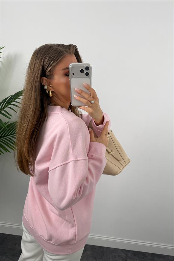 3 İplik Şardonlu Tam Pamuk Basic Yumoş Sweat Pembe