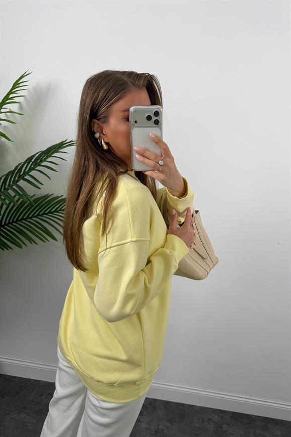 3 İplik Şardonlu Tam Pamuk Basic Yumoş Sweat Sarı