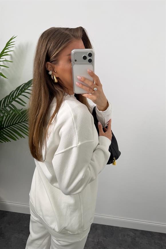 3 İplik Şardonlu Tam Pamuk Basic Yumoş Sweat Ekru