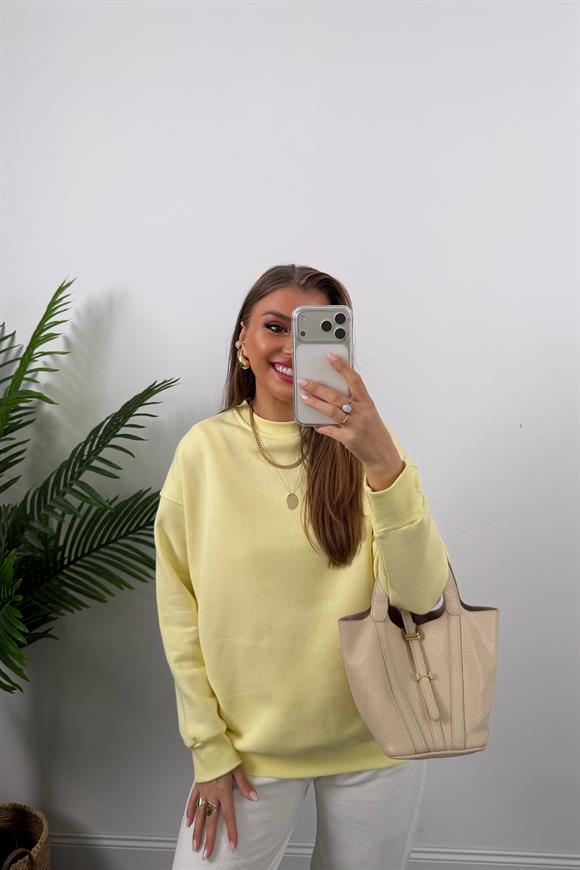 3 İplik Şardonlu Tam Pamuk Basic Yumoş Sweat Sarı