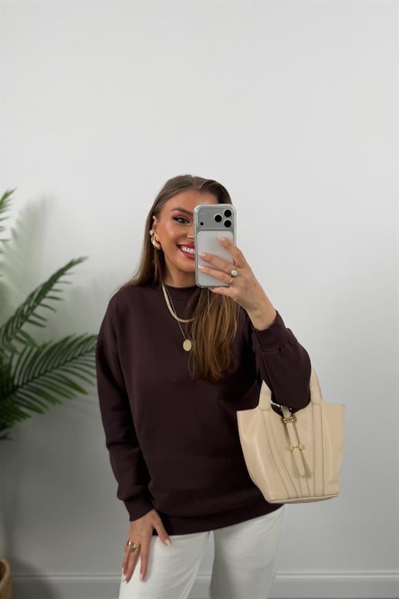 3 İplik Şardonlu Tam Pamuk Basic Yumoş Sweat Acı Kahve