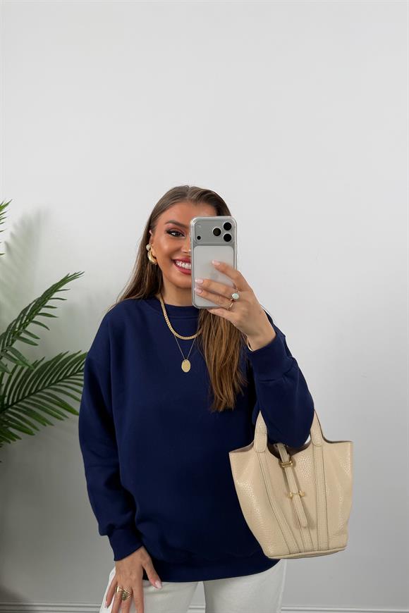 3 İplik Şardonlu Tam Pamuk Basic Yumoş Sweat Lacivert