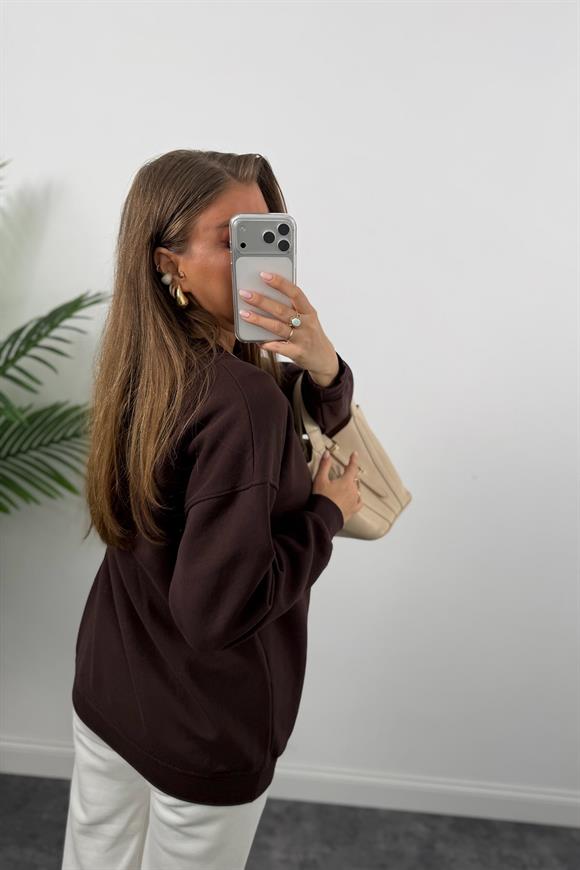 3 İplik Şardonlu Tam Pamuk Basic Yumoş Sweat Acı Kahve