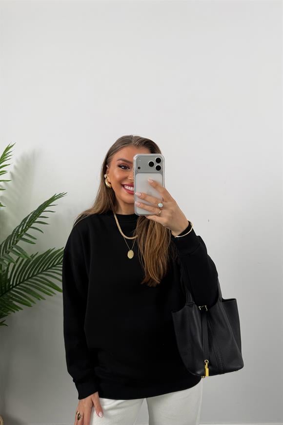 3 İplik Şardonlu Tam Pamuk Basic Yumoş Sweat Siyah