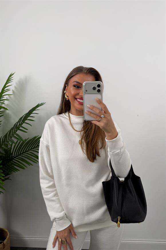 3 İplik Şardonlu Tam Pamuk Basic Yumoş Sweat Ekru