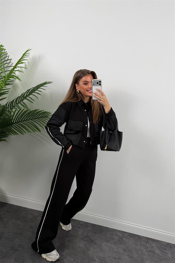 3 İplik Tam Pamuklu Şeritli Paraşüt Garnili Takım Siyah