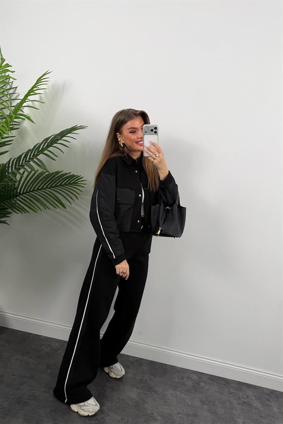 3 İplik Tam Pamuklu Şeritli Paraşüt Garnili Takım Siyah