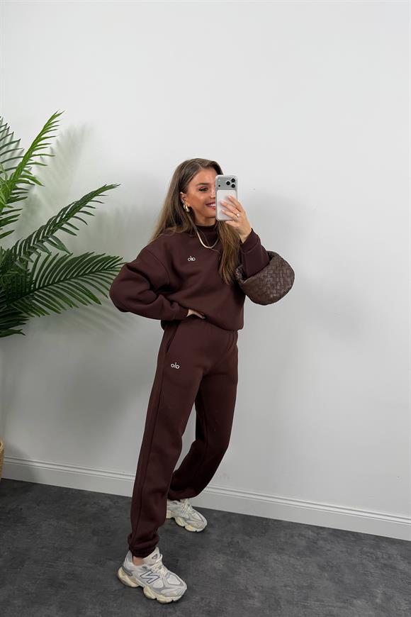 Alo Model 3 İplik Şardonlu Tam Pamuklu Eşofman Takımı Acı Kahve 