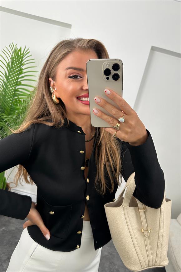 Amor Paris Gold Düğmeli Çelik Triko Hırka Siyah
