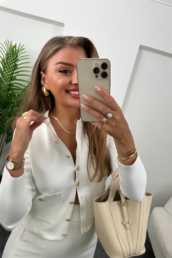 Amor Paris Gold Düğmeli Çelik Triko Hırka Beyaz