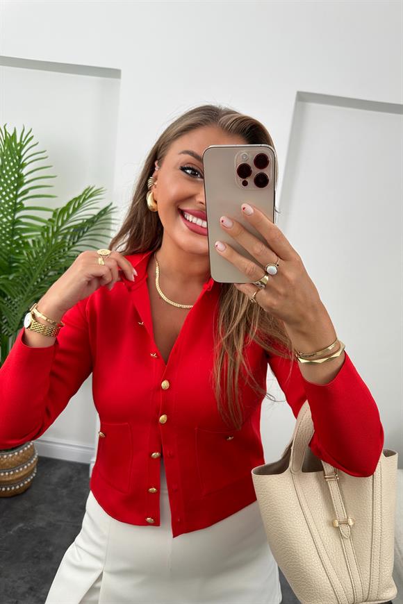 Amor Paris Gold Düğmeli Çelik Triko Hırka Kırmızı