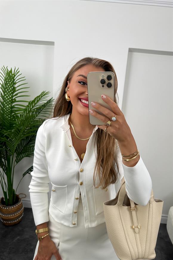 Amor Paris Gold Düğmeli Çelik Triko Hırka Beyaz