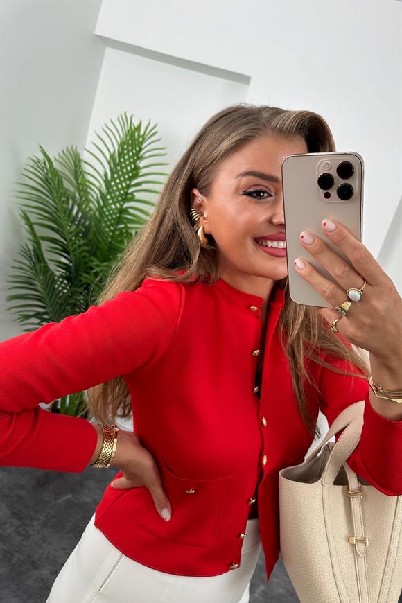 Amor Paris Gold Düğmeli Çelik Triko Hırka Kırmızı