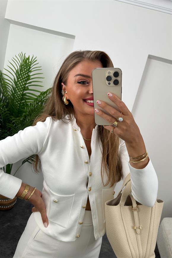 Amor Paris Gold Düğmeli Çelik Triko Hırka Beyaz