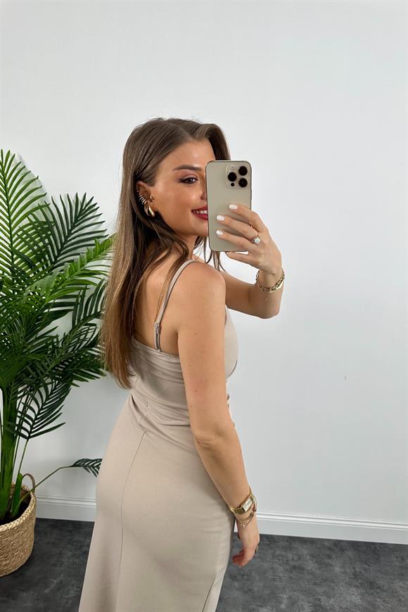 Anvelop Model Likralı İp Askılı Midi Boy Crep Elbise Taş