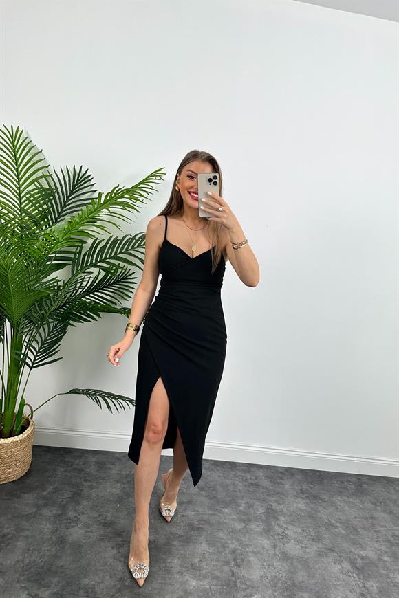 Anvelop Model Likralı İp Askılı Midi Boy Crep Elbise Siyah