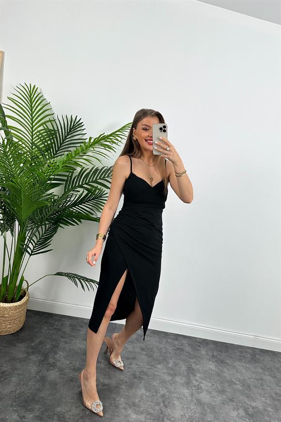 Anvelop Model Likralı İp Askılı Midi Boy Crep Elbise Siyah