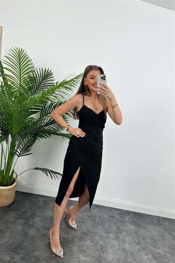 Anvelop Model Likralı İp Askılı Midi Boy Crep Elbise Siyah