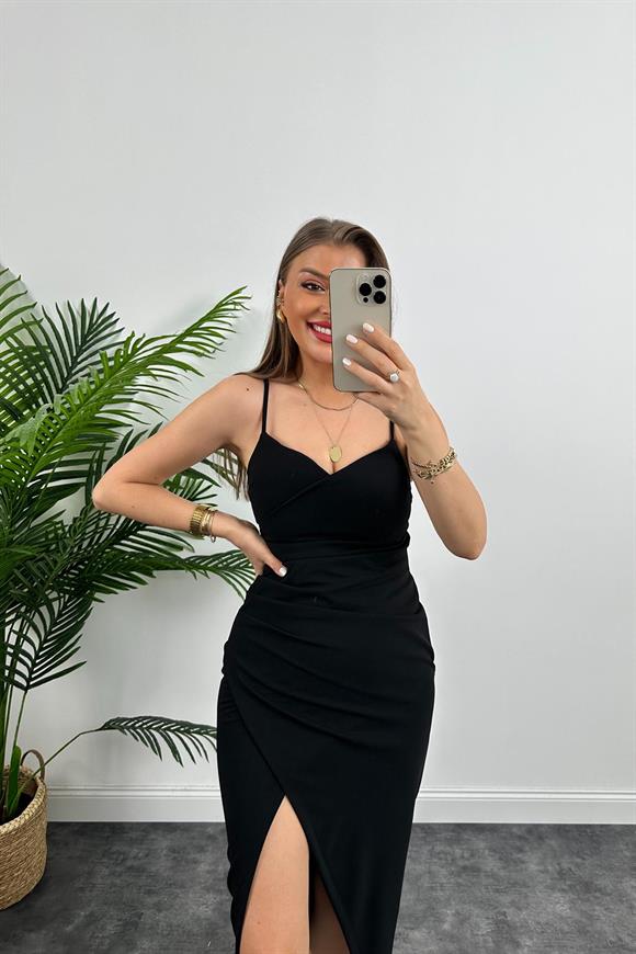 Anvelop Model Likralı İp Askılı Midi Boy Crep Elbise Siyah