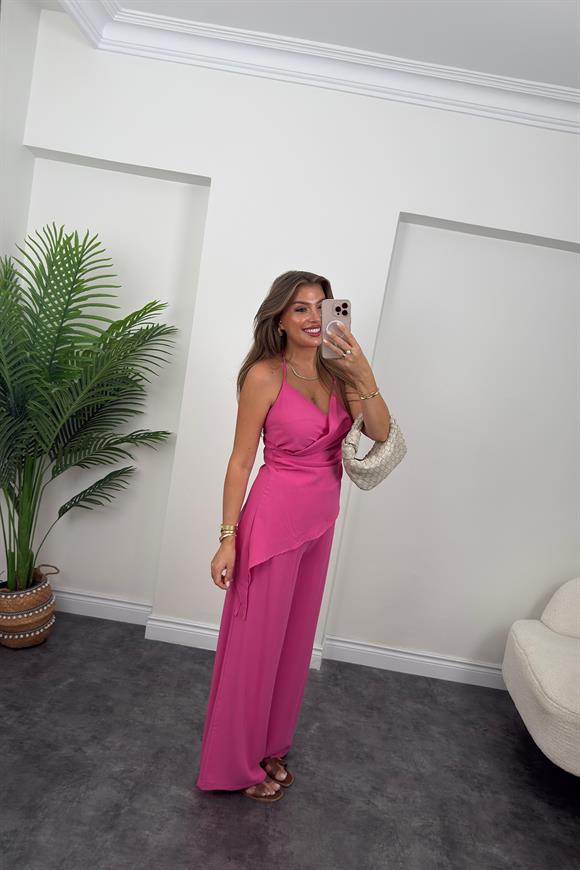 Asimetrik Bluzlu Palazzo Pantolon Takım Fuşya