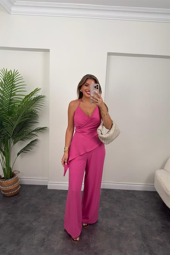 Asimetrik Bluzlu Palazzo Pantolon Takım Fuşya