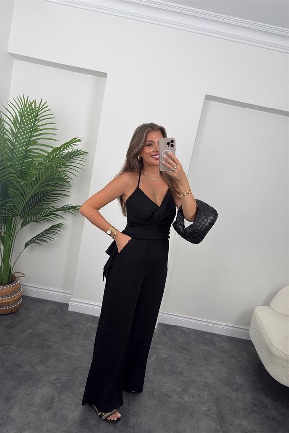 Asimetrik Bluzlu Palazzo Pantolon Takım Siyah