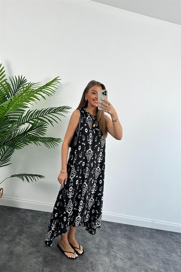 Asimetrik Maxi Tensel Elbise Siyah Beyaz Desenli