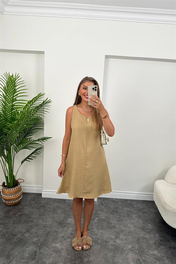 Basic Keten Çan Elbise Camel