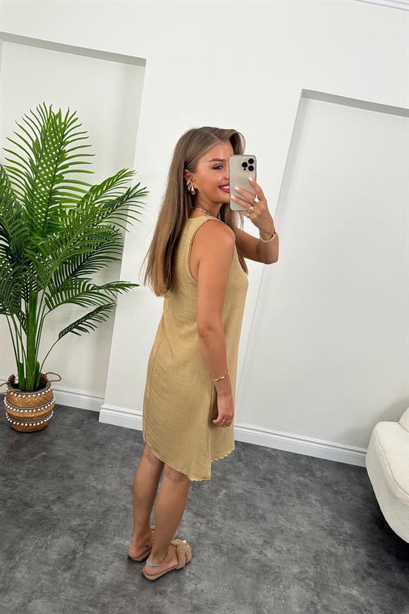 Basic Keten Çan Elbise Camel