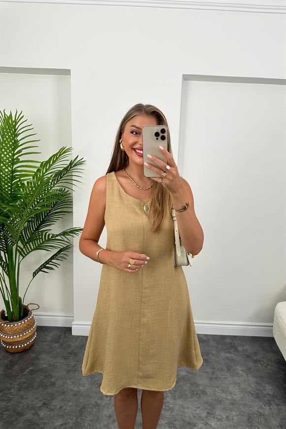 Basic Keten Çan Elbise Camel