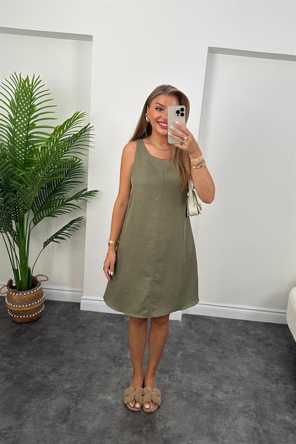 Basic Keten Çan Elbise Haki