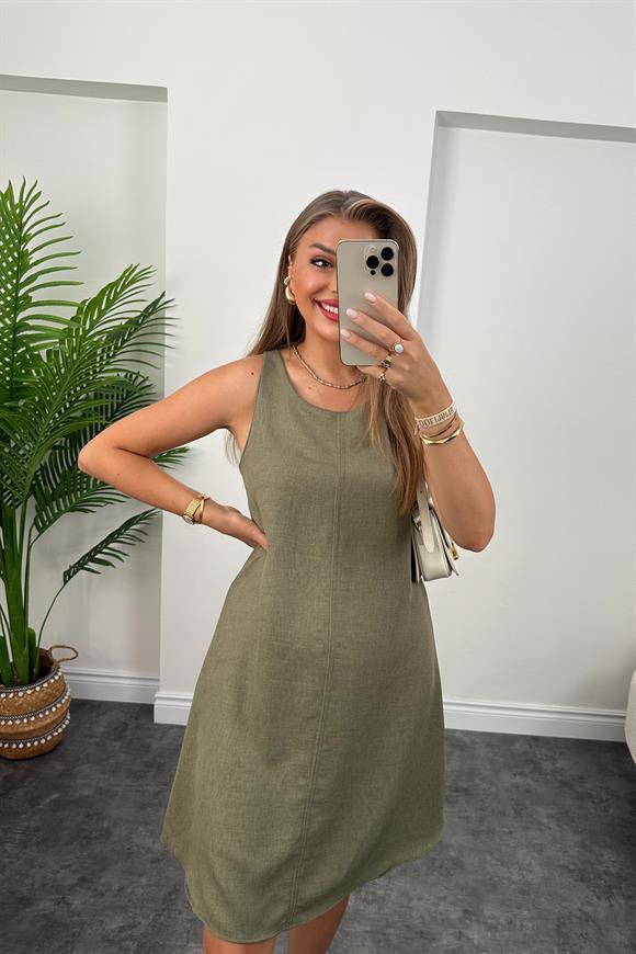 Basic Keten Çan Elbise Haki