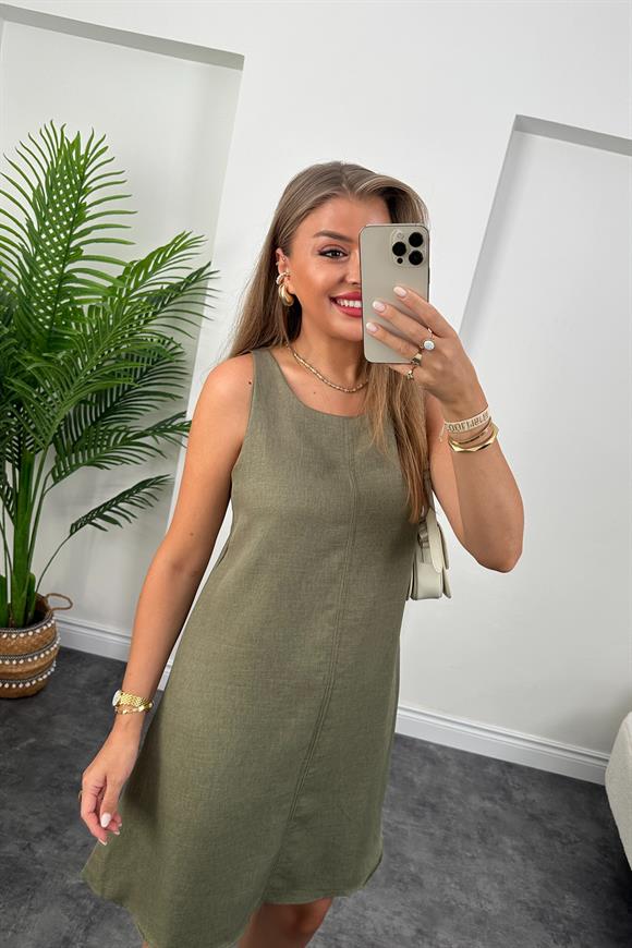 Basic Keten Çan Elbise Haki