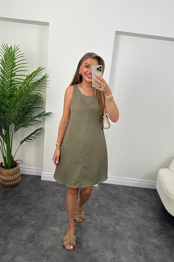 Basic Keten Çan Elbise Haki