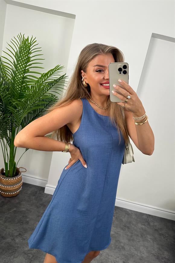 Basic Keten Çan Elbise İndigo