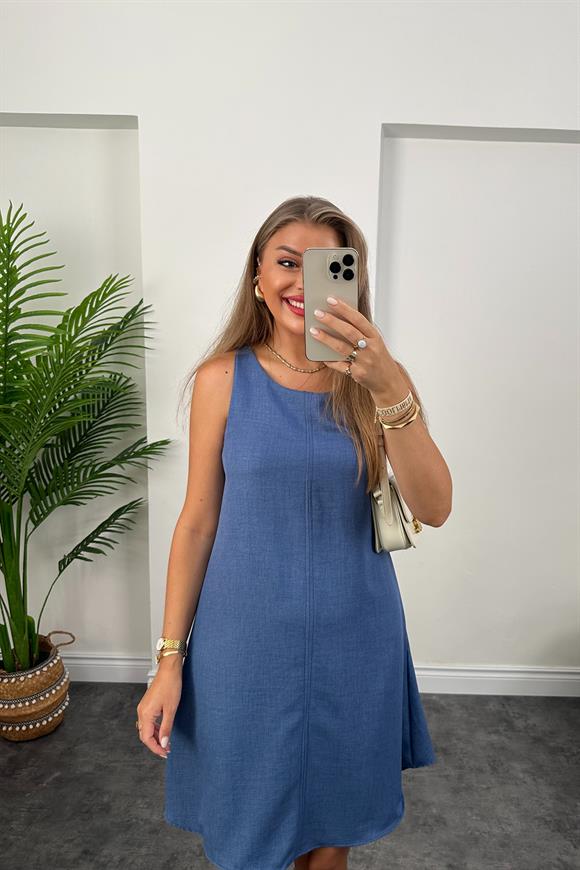 Basic Keten Çan Elbise İndigo