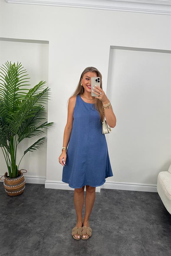 Basic Keten Çan Elbise İndigo