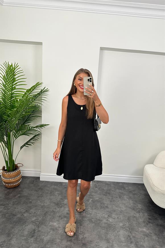 Basic Keten Çan Elbise Siyah