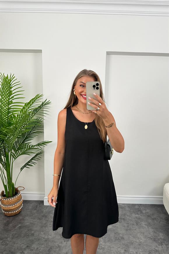 Basic Keten Çan Elbise Siyah