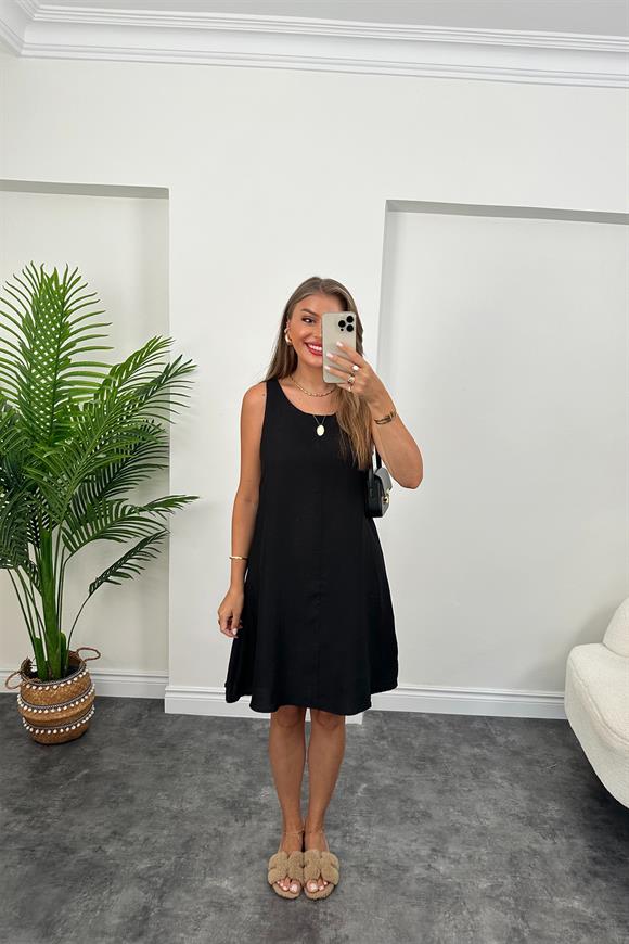 Basic Keten Çan Elbise Siyah