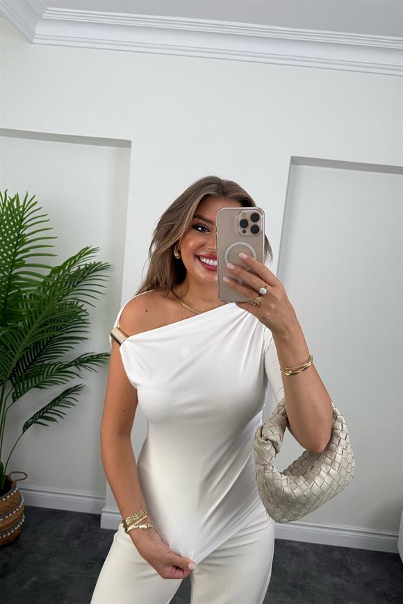 Bebe Lüx Kalite Düşük Omuz Likralı Tasarım Bluz Ekru