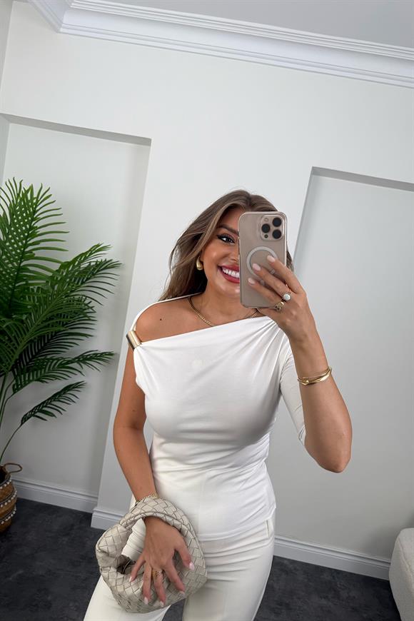 Bebe Lüx Kalite Düşük Omuz Likralı Tasarım Bluz Ekru